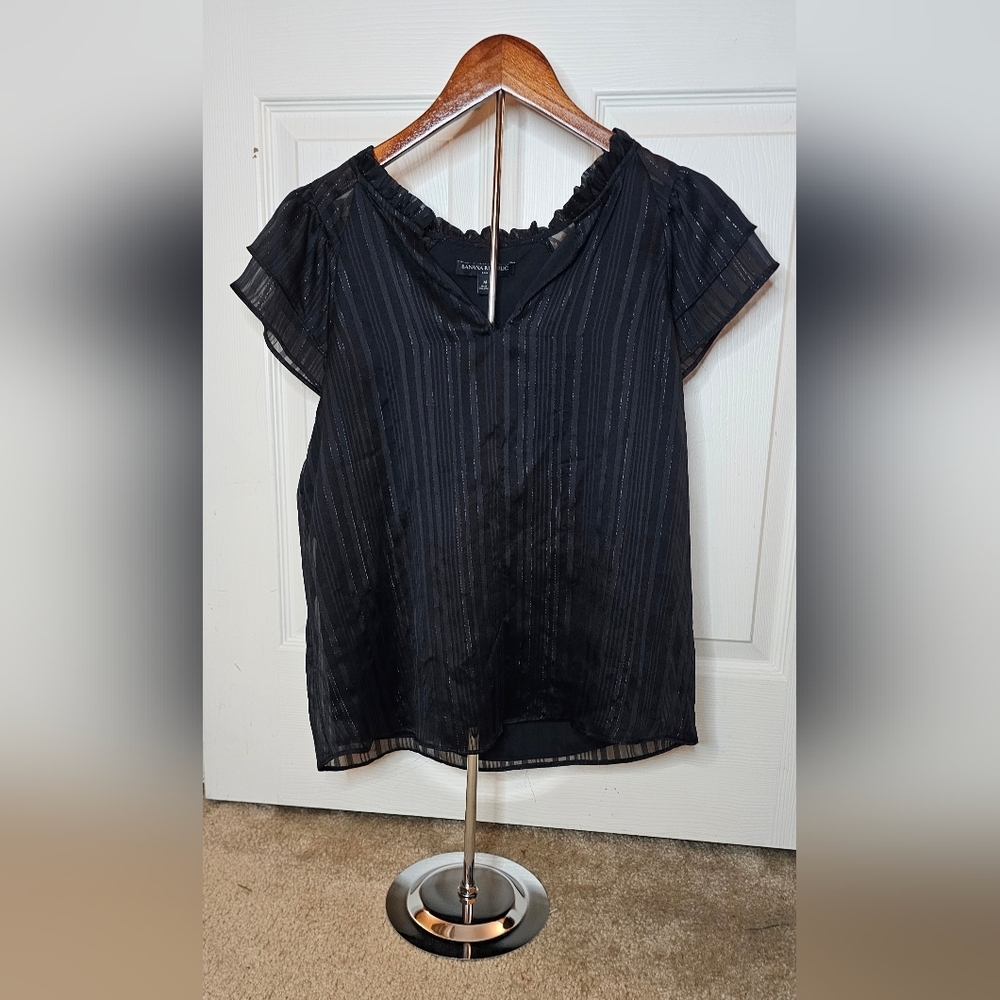 Banana Republic Black Sheer Metallic Stripe Ruffle Sleeve Blouse - Size Medium